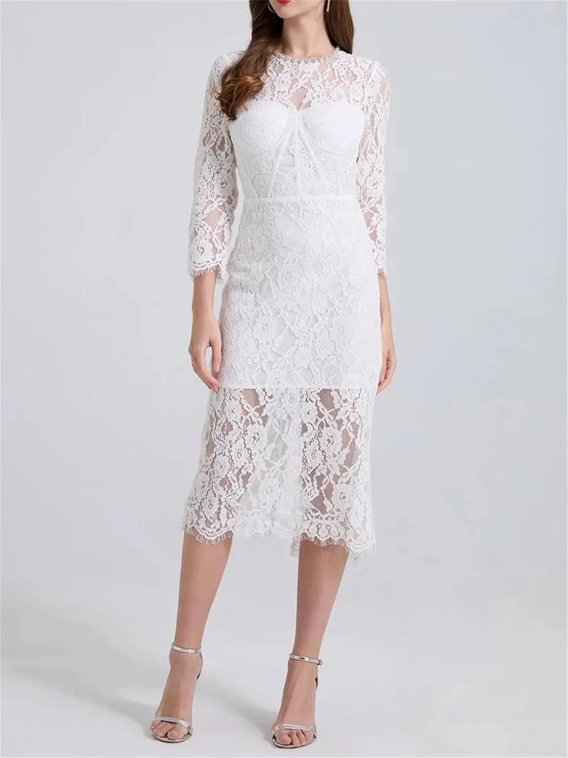 Women's Slim Fit Lace Dress - Round Neck Long Sleeve High Waist Belted Design