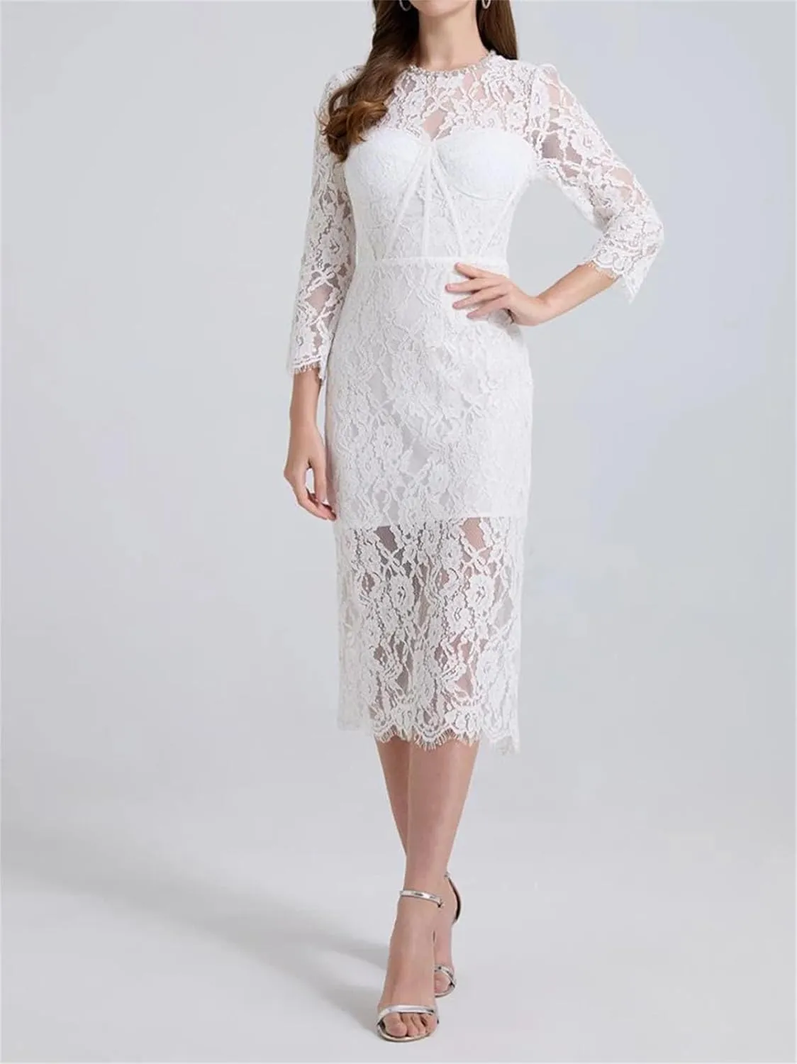 Women's Slim Fit Lace Dress - Round Neck Long Sleeve High Waist Belted Design