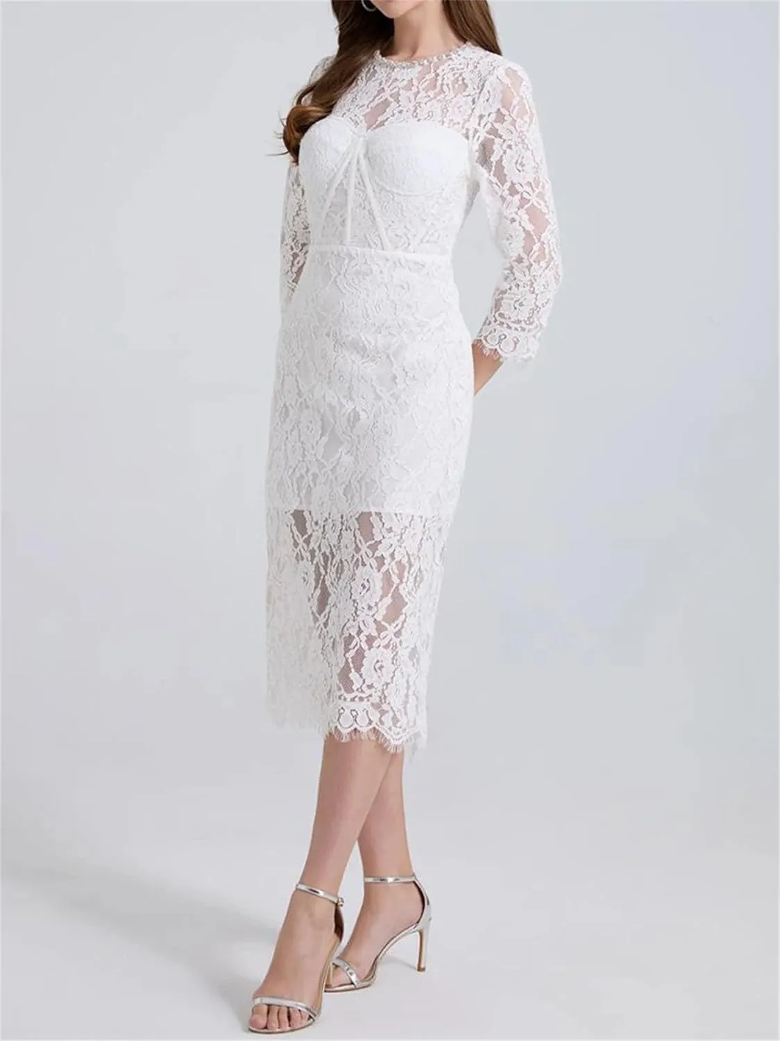 Women's Slim Fit Lace Dress - Round Neck Long Sleeve High Waist Belted Design