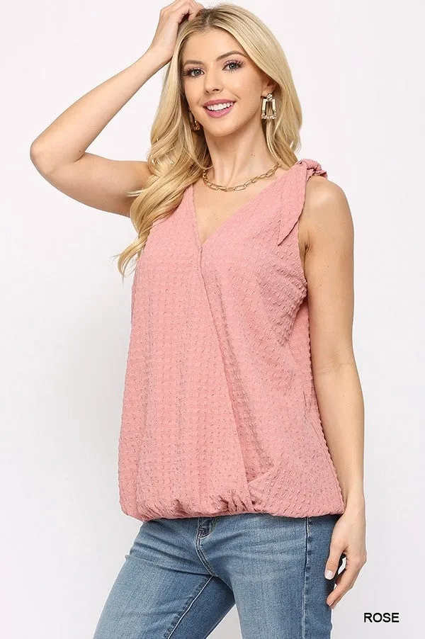 Women's Solid Textured And Sleeveless Surplice Top With Shoulder Tie