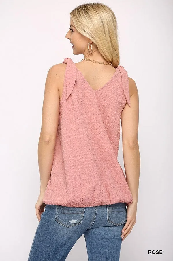 Women's Solid Textured And Sleeveless Surplice Top With Shoulder Tie