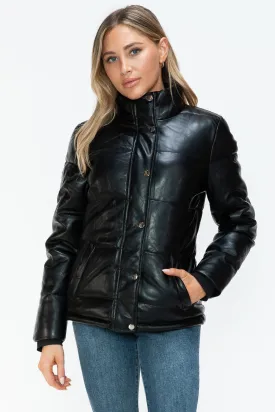YMI Outwear Women Puffer Jacket Black Zip Snap Pocketed Turtleneck Long Sleeve