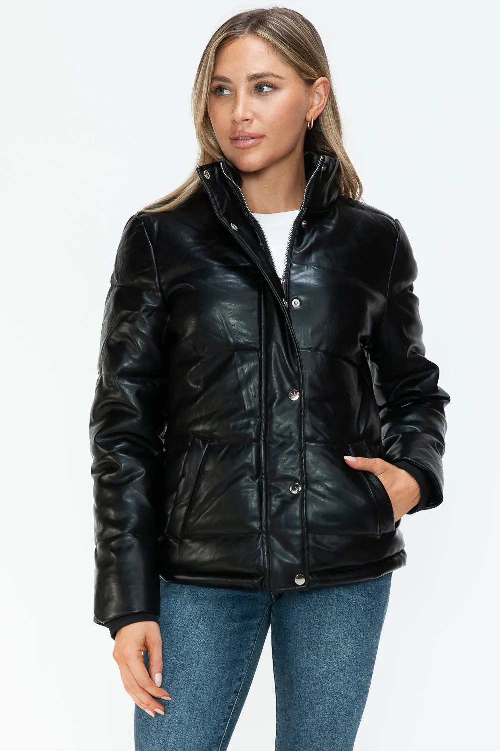 YMI Outwear Women Puffer Jacket Black Zip Snap Pocketed Turtleneck Long Sleeve