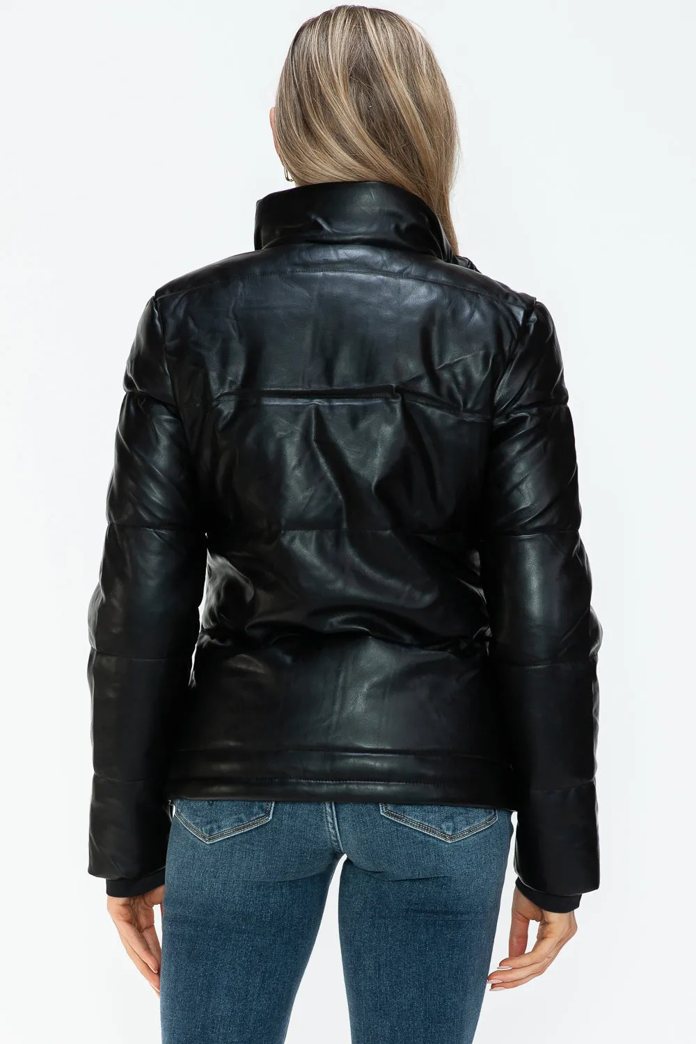 YMI Outwear Women Puffer Jacket Black Zip Snap Pocketed Turtleneck Long Sleeve