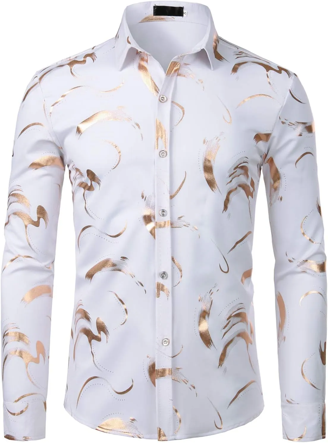 ZEROYAA Men's Hipster Shiny Design Slim Fit Long Sleeve Button Up Party Dress Shirts
